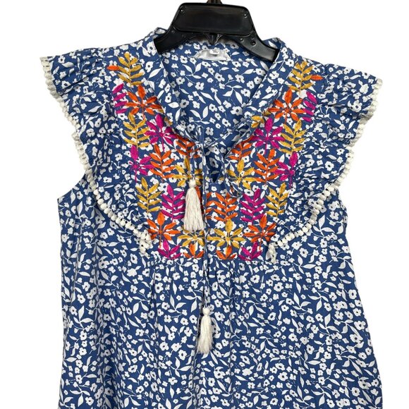 THML Shift Dress Large Blue White Floral Embroidered Tassel Crochet Boho Color - Picture 5 of 9